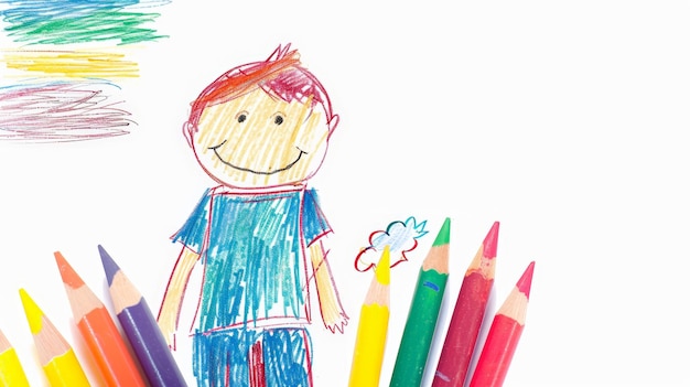 Foto disegno a matita dell'avventura dei bambini su uno sfondo bianco ai generativa