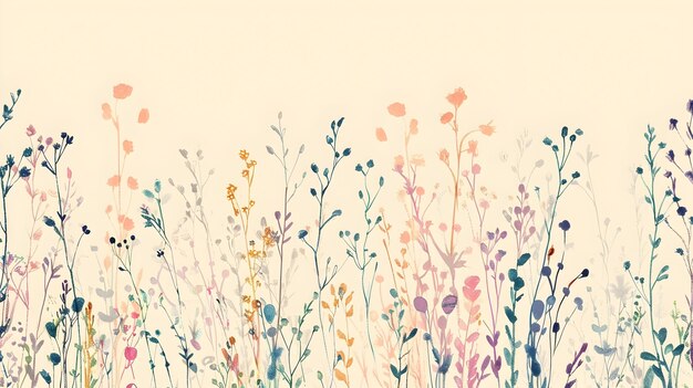 Photo crayon drawn wallpaper pattern with delicate flowers and grass in pastel colors