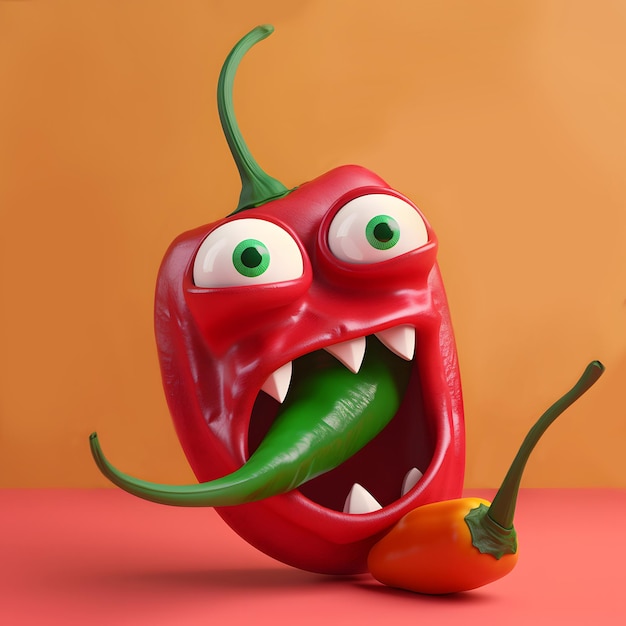 A crazy 3D red pepper with green eyes and a red nose next to a red pepper