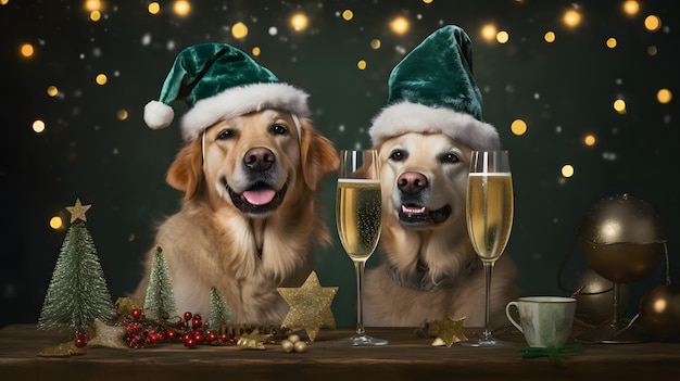 Фото Сумасшедшие животные новогодняя вечеринка лабрадоры бокалы шампанского украшены рождественской елкой вечеринка для домашних животных