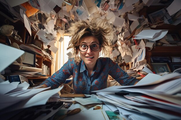 Crazy of business woman with stressed, mad, migraine, Young business woman, office worker people working with stack of papers.