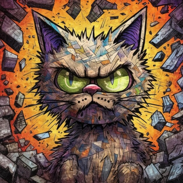 Сумасшедший кот котенок в ярости безумный портрет выразительная иллюстрация  произведение искусства нарисованный маслом эскиз татуировки | Премиум Фото