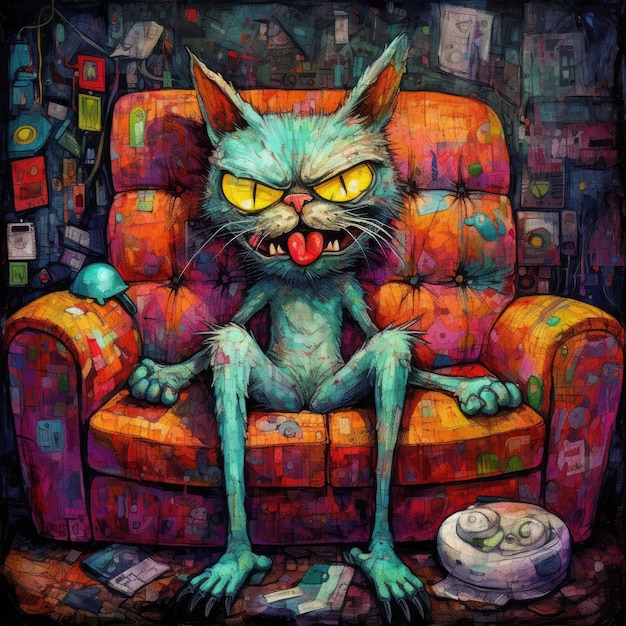 сумасшедший кот котенок в ярости безумный портрет выразительная иллюстрация произведение искусства нарисованный маслом эскиз татуировки