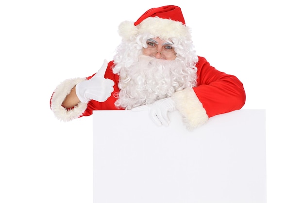 Crazy cheerful Santa Claus near copy space area isolated over white background Merry Christmas and New Year concept