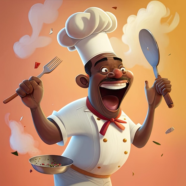 Crazy chef-kok personage ai gegenereerd avatar afro-Amerikaanse bakker met lepel en vork koken eten in bord Computer generatieve personage