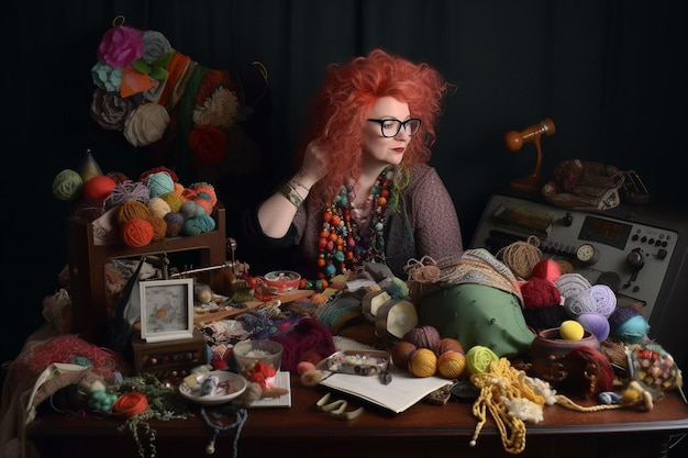 A crazy craft woman sits at a desk surrounded by various craft items