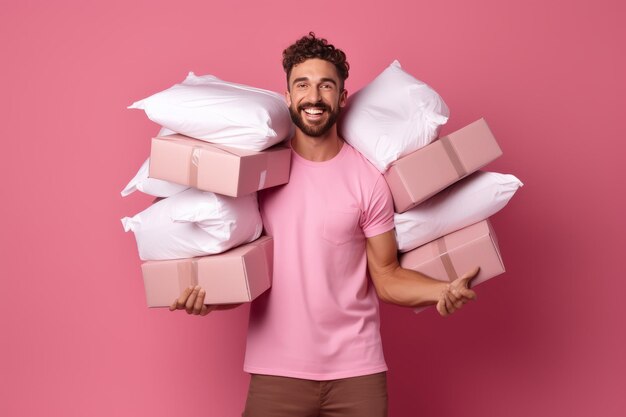 Crazy delight a cheerful person embracing a towering stack of packages on a vibrant pink background