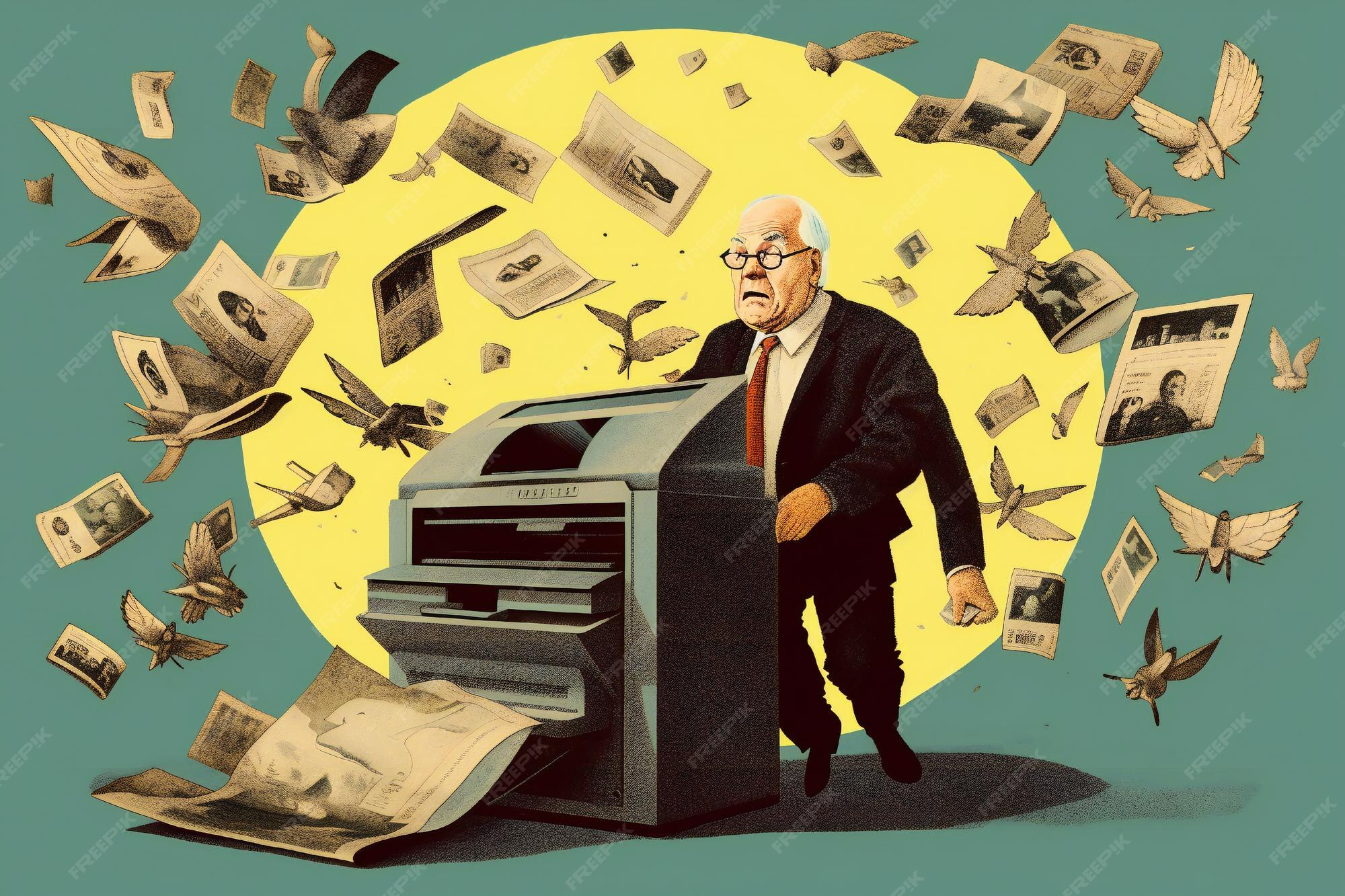 Premium AI Image Crazy Evil Old Man Standing Behind Money Printer premium-ai-image-crazy-evil-old-man-standing-behind-money-printer