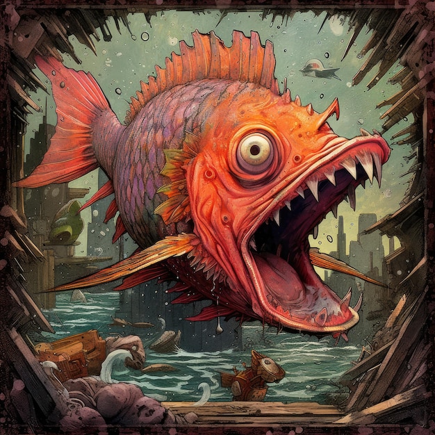 сумасшедшая рыба злой ярость безумный портрет выразительная иллюстрация произведение искусства нарисованный маслом эскиз татуировки