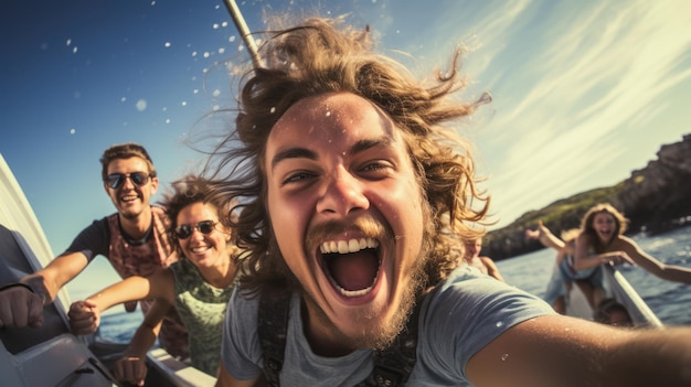 Photo crazy friends jump happily from a sailboat into the sea young people jump into the sea during summer vacation mainly focused on middlemen travel and fun concept