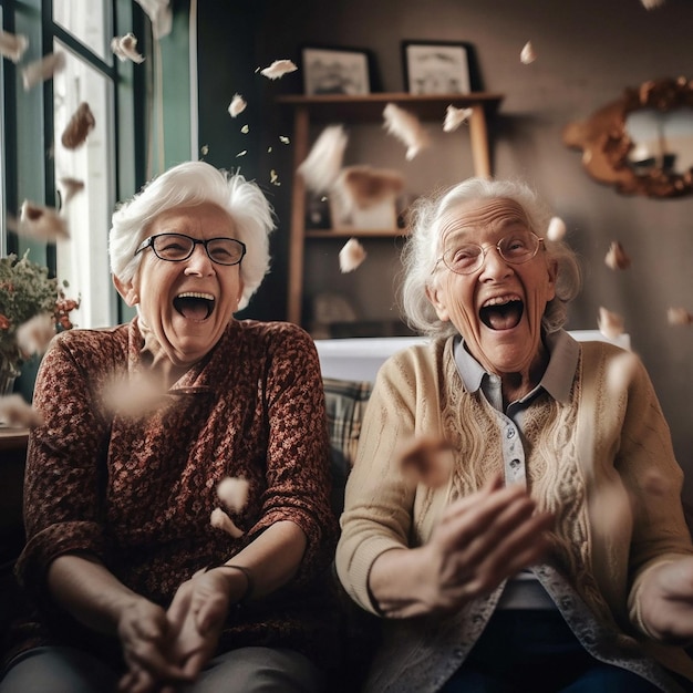 Crazy friends and senior women laughing funny and happiness with joy at reunion Excited crazy ladies watching tv with popcorn in retirement home bonding with food fun and ai generated humor