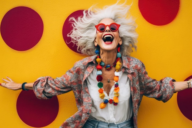 Crazy funny senior lady stylish accessorized arms wide laughter sunglasses colorful background