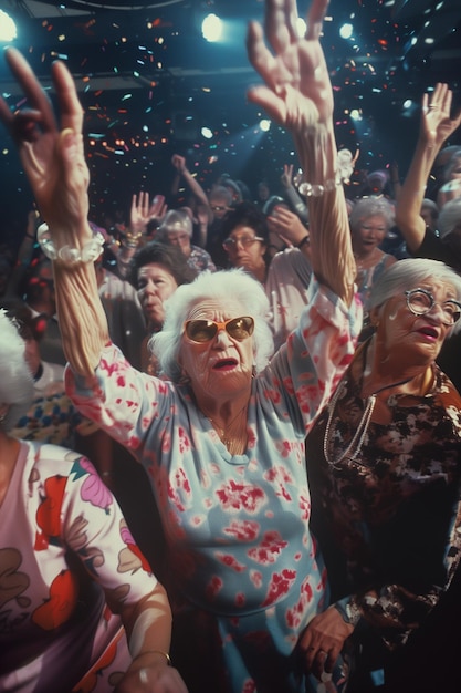 Фото Сумасшедшие бабушки, старшие подруги веселятся в техно-клубе.