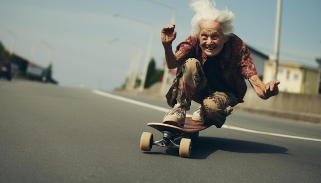 Foto una nonna pazza che fa skateboard per strada