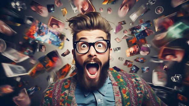 Crazy Hipster Guy Emotions Collage in Magazine Style