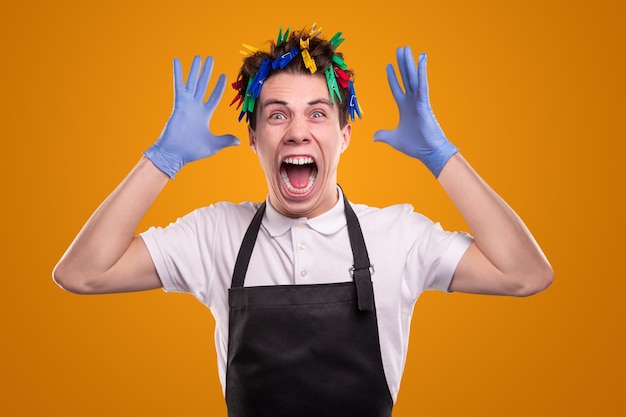 Crazy housekeeper with clothespins on head