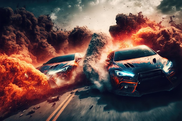 クレイジーマッドカーチェイスの爆発がアクションを引き起こします スポーツカーは生存のための危険なレースです 車輪の下からの火と炎 3Dイラスト