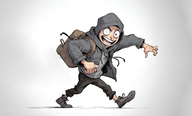 Фото Сумасшедший мужчина в капюшоне и рюкзаке ходит рисунок мультфильма