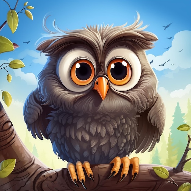 Crazy Owl Cartoon Illustration Funny Caricature On Branch