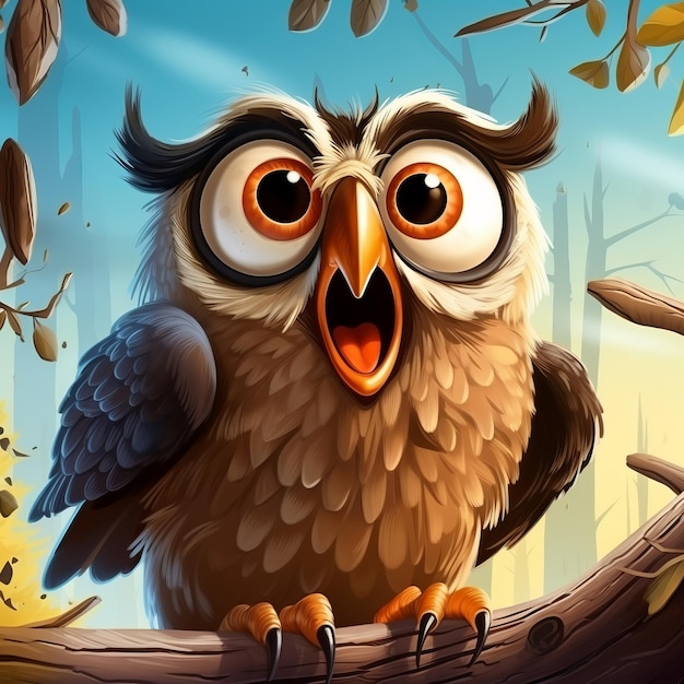 Crazy Owl Cartoon Illustration Funny Caricature On Branch