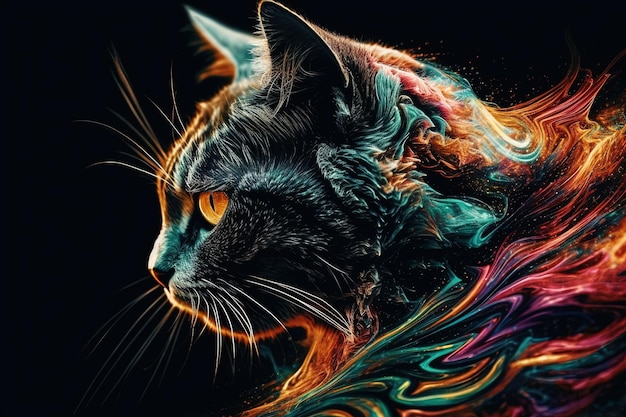 Crazy psychedelic darkk natural Cat character illustration generative ai