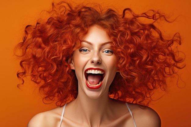 crazy red hair woman having fun on orange background