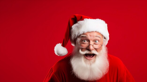 Crazy Santa Claus studio portrait look to the camera on red backgroundbanner