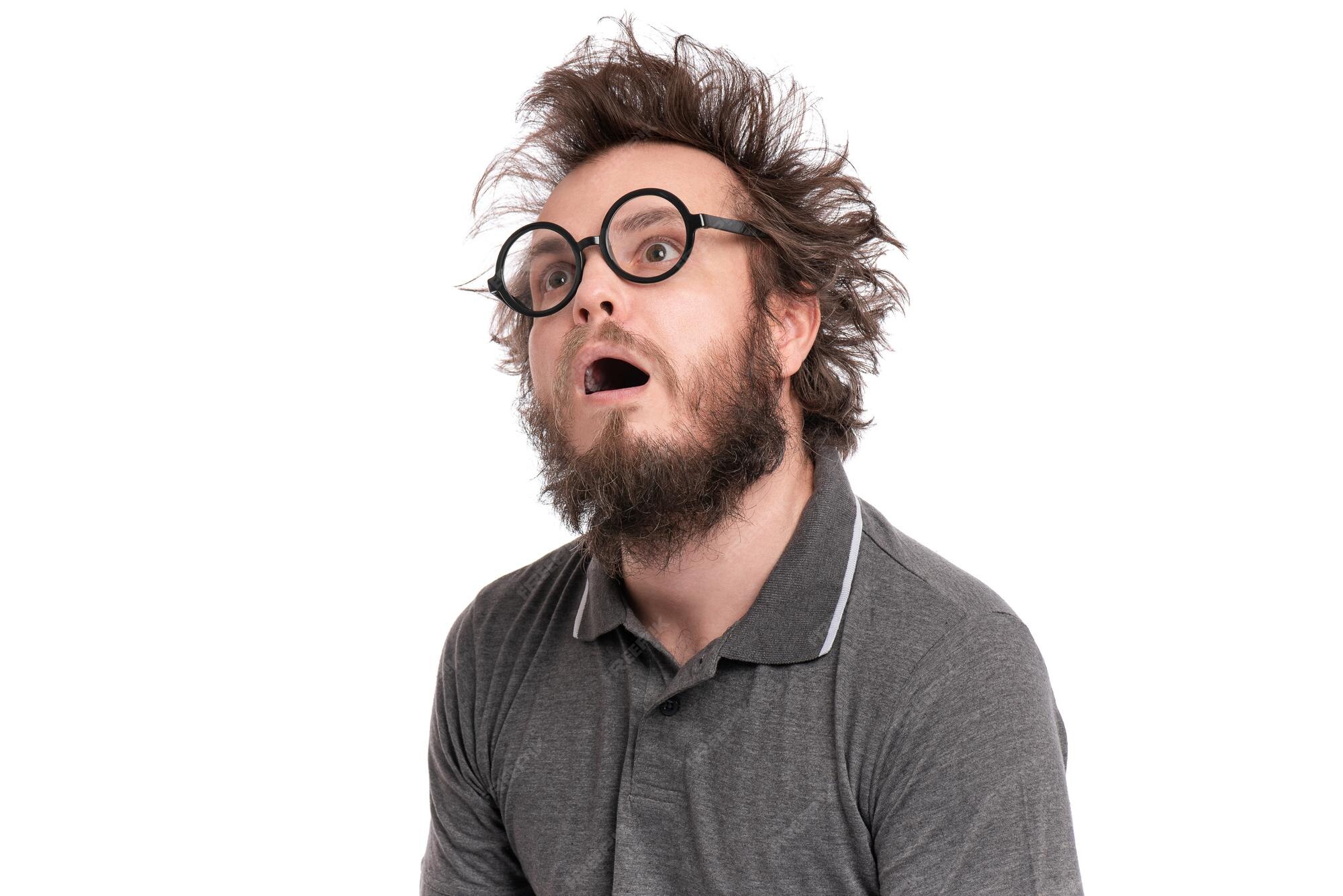 Premium Photo | Crazy scared or shocked bearded man with funny haircut in  eyeglasses looks worried silly