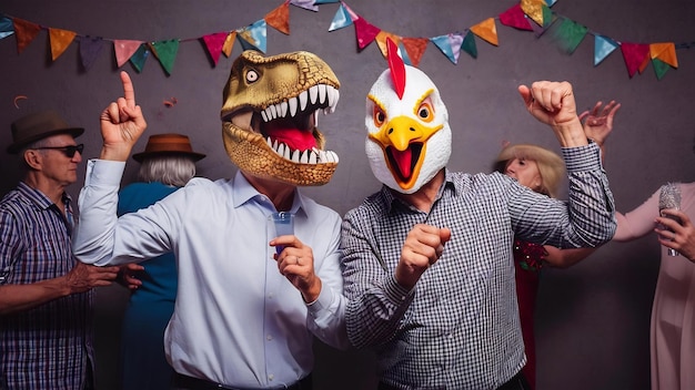 Crazy senior couple dancing at carnival party wearing t rex and chicken mask old trendy people ha