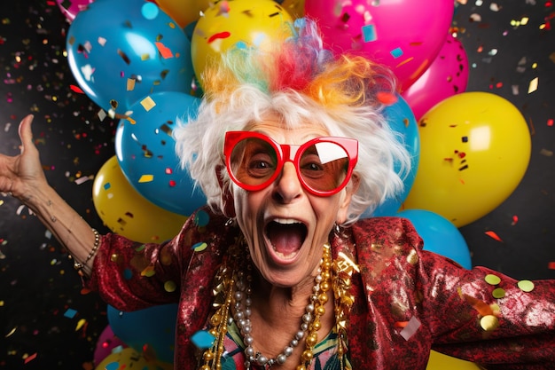 Crazy senior woman having fun doing party during holidays time