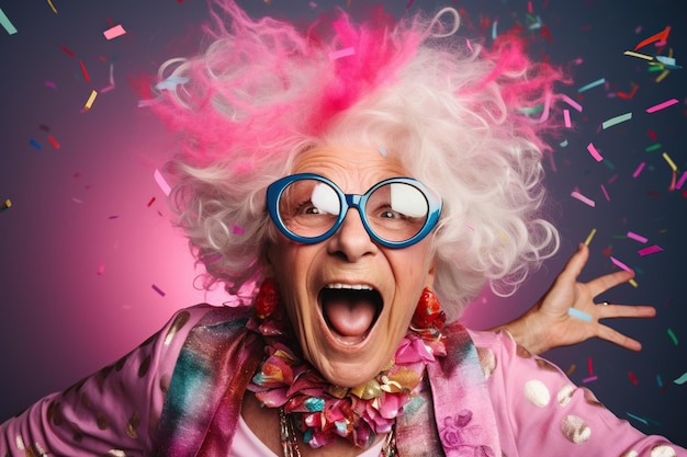 Crazy senior woman having fun doing party during holidays time