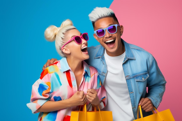 Crazy smiling couple in a shopping theme facial expression for cyber monday