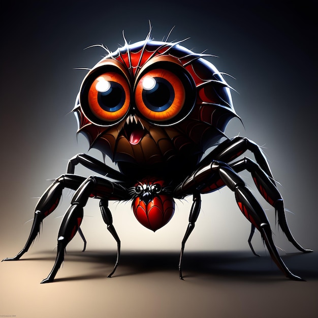 The crazy spider with its big bulging eyes stood out against the dark background A caricature of a