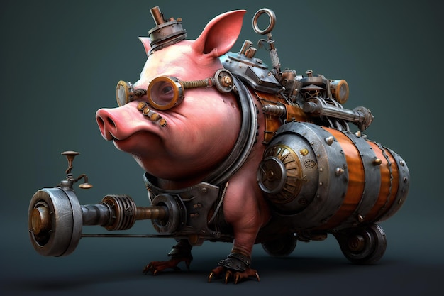 Crazy steampunk pig on dark background