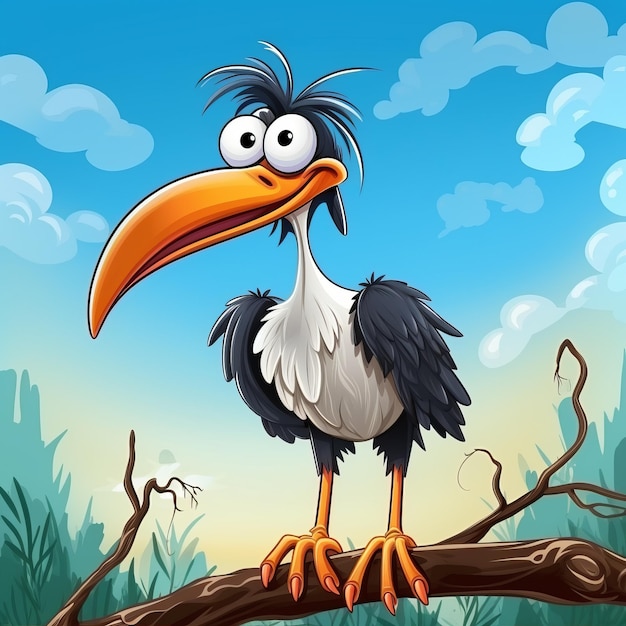 Crazy Stork Illustratie Cartoon Stijl Karikatuur Op Tak
