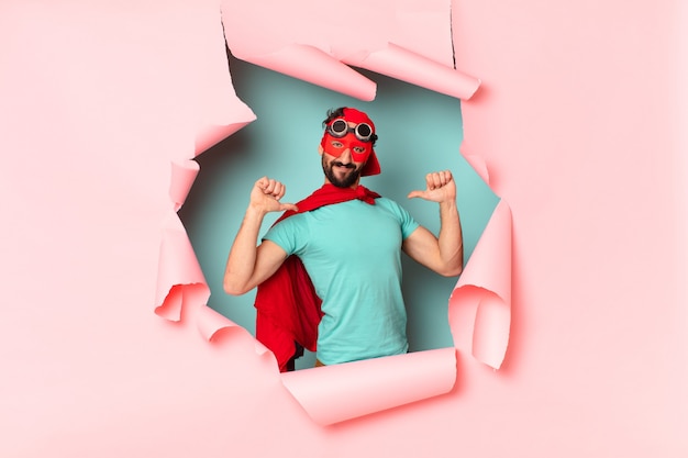 crazy  super hero man happily and proud