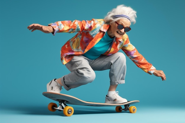 Crazy woman elderly old rock lifestyle hair skateboard positive wrinkle healthy modern grandmother older