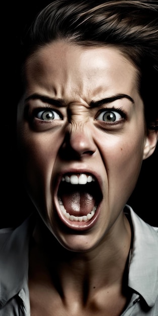 Photo crazy woman with wide open mouth showing anger