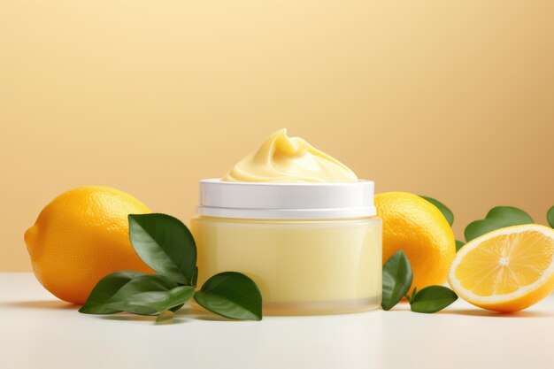 Cream blank jar mock up with oranges on light pastel background