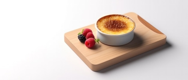 cream brulee on wooden plate with copy space area