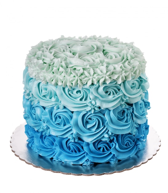 Photo cream cake with blue hues degrade. on white background.
