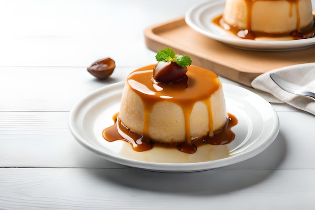 Cream caramel pudding met karamelsaus in plaat op witte tafel