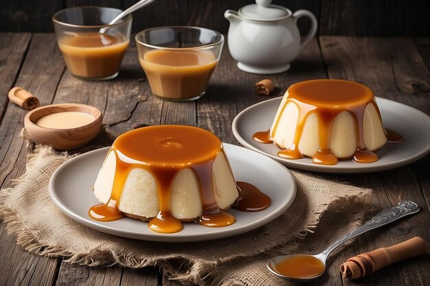 Cream caramel pudding with caramel sauce in plate on rustic table