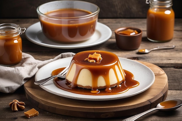 Cream caramel pudding with caramel sauce in plate on rustic table