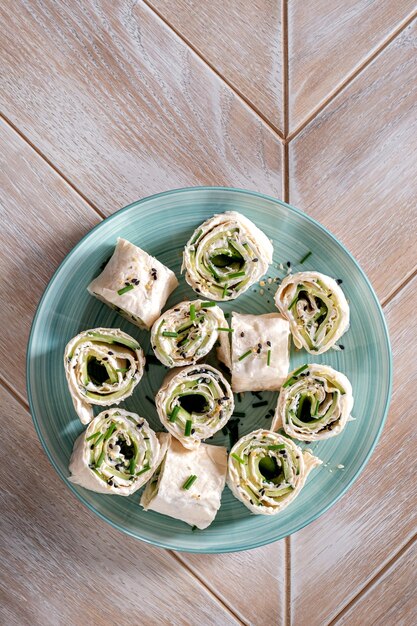 Cream cheese dill cucumber tortilla wrap