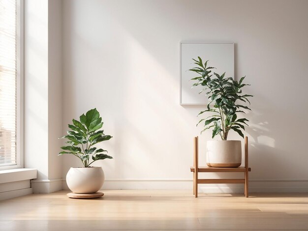 写真 クリーム色の壁の空き部屋木製の床の上に植物3dレンダリング