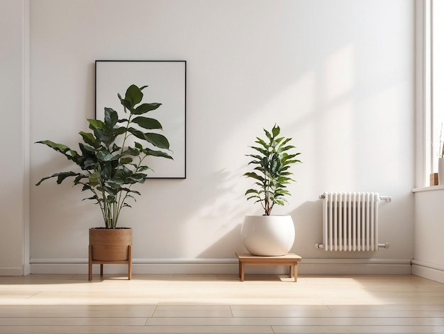 写真 クリーム色の壁の空き部屋木製の床の上に植物3dレンダリング