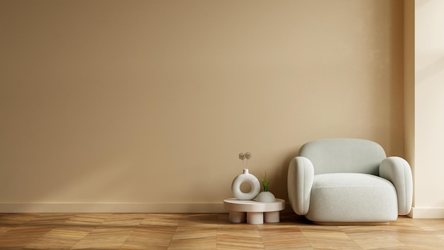 Cream color wall mock up in warm tones with armchair and decoration minimal