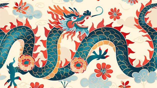 On a cream colored background there is an oriental dragon with a beautiful pattern