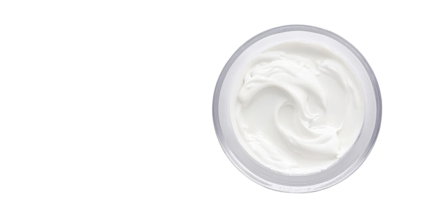 Cream cosmetic in a jar on a white background top view banner Generative AI